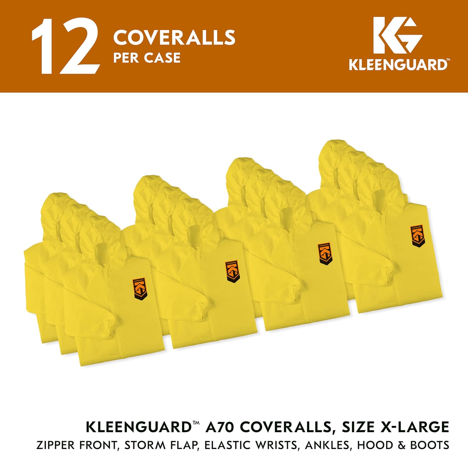 KleenGuard A70 Fabric Bound Seam Chemical Spray Protection Coverall with Hood and Boots, Disposable, Elastic Wrist, Yellow, X-Large (Pack of 12)
