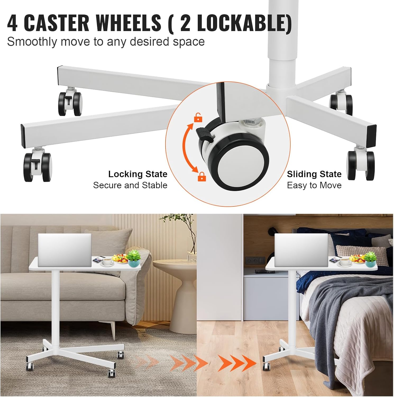 VEVOR 28.5"-44.2" Gas-Spring Height Adjustable Sit-Stand Desk 360° Swivel Wheels (2 Lockable) Portable Rolling Laptop Table Computer Cart for Home Office School, 44LBS Loading, 29.1 x 18.9 inch, White