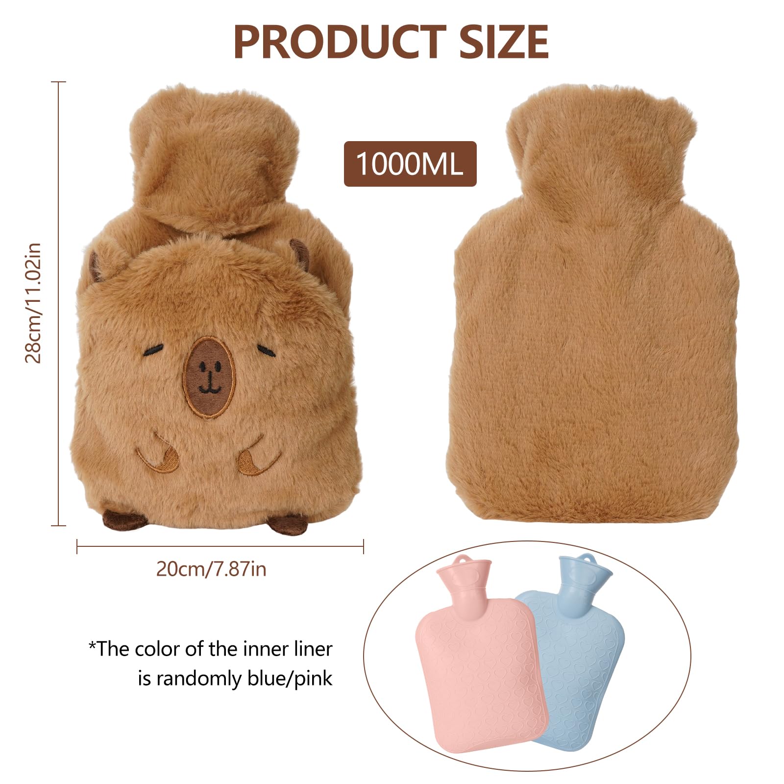HOSSOM Bolsa De Agua Caliente Con Funda,1L Bolsa de Agua Caliente,Bolsa de Agua caliente para Niños,Bolsa De Agua Caliente Peluche,Con Bolsillo Tipo Canguro,Desmontable y Lavable