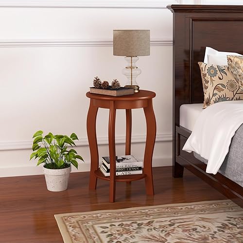 Miniatura 4 de Giantex Mesa auxiliar redonda de 2 niveles, mesa de teléfono de niveles estrechos con estante de almacenamiento, patas de madera maciza, mesa