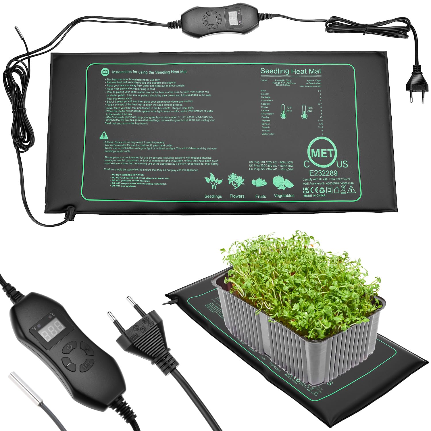QWORK® Tappetino Riscaldante con Termostato, Tappetino Riscaldante Piante, 50 W 20 ℃ ~ 45 ℃ Intervallo di Temperatura Tappetino Riscaldante, per Serra Interna, Terrario, Acquario, Rettile
