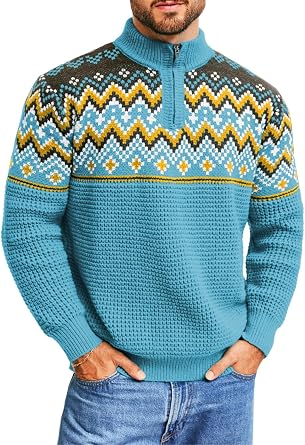 ChiaoLezhee Mens Quarter Zip Fair Isle Sweater, Pullover Waffle Knitted Stand Collar, Nordic Vintage Long Sleeve Fits 32-42