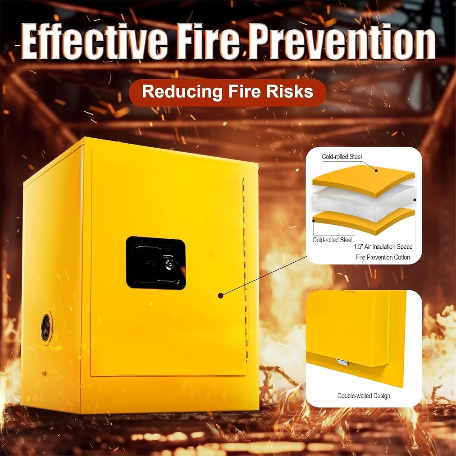 12 Gallon Flammable Chemicals Safety Storage Cabinet, Leak-Proof Welded Bin with Adjustable Shelf, Double-Walled Cold-Rolled Steel Fireproof Cabinet
