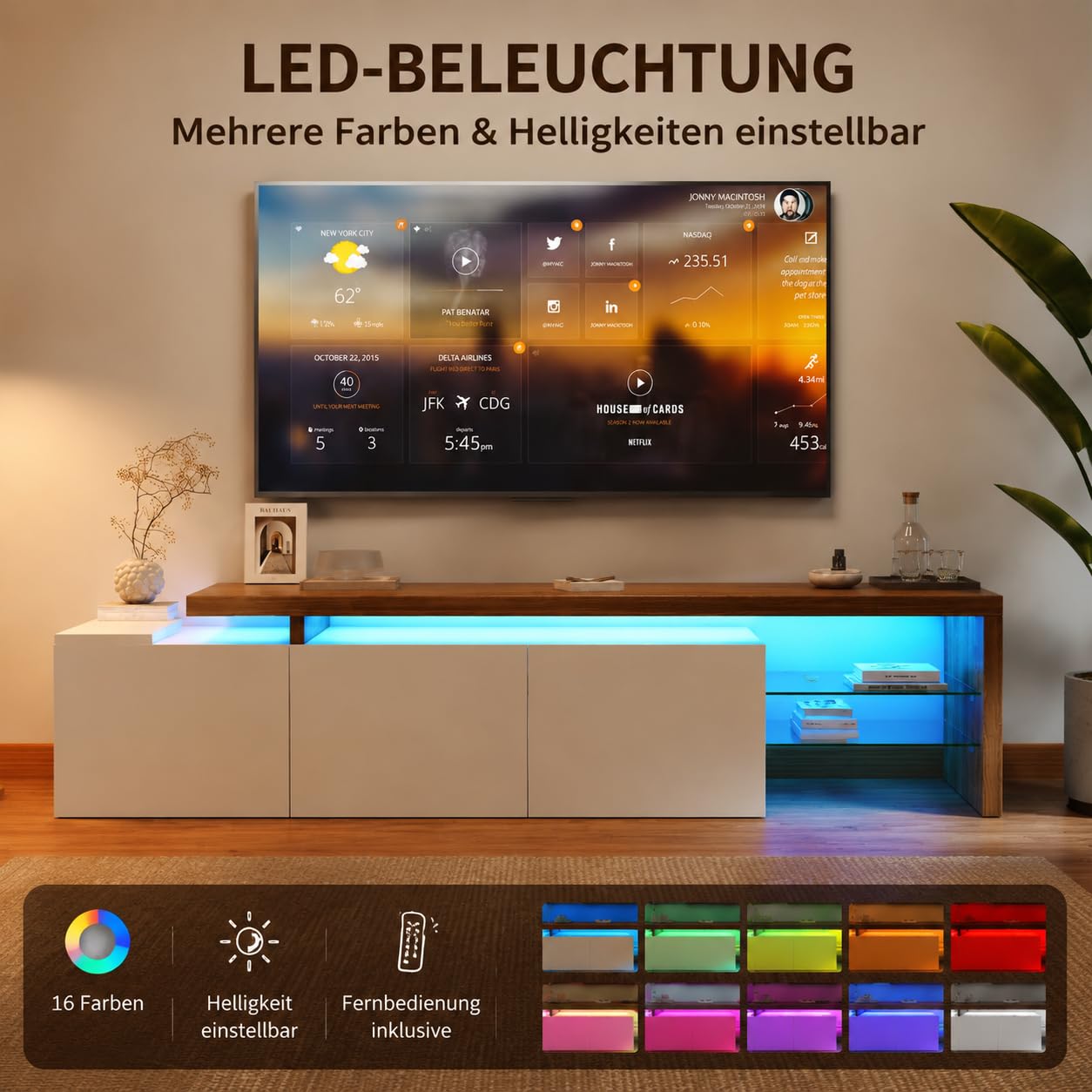 Mueble bajo para TV con Espacio de Almacenamiento, Mesa de televisión con 3 Puertas y Estante de Cristal, Banco de TV para televisores de hasta 85 Pulgadas, aparador para salón, Color Blanco