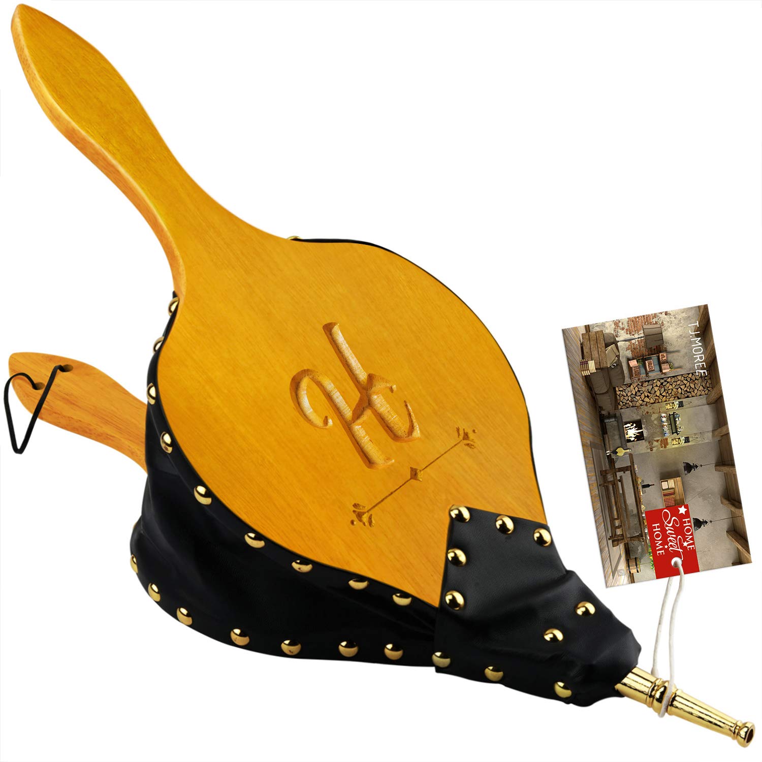 TJ.MOREE Fireplace Bellows 19"x 8" Custom Large Wood Fire Blower with Hanging Strap, Long Handle, Metal Nozzle, Great Tool for Fireplace, Fire Pit, Wood Stove, BBQ, Outdoor Camping - Initial H