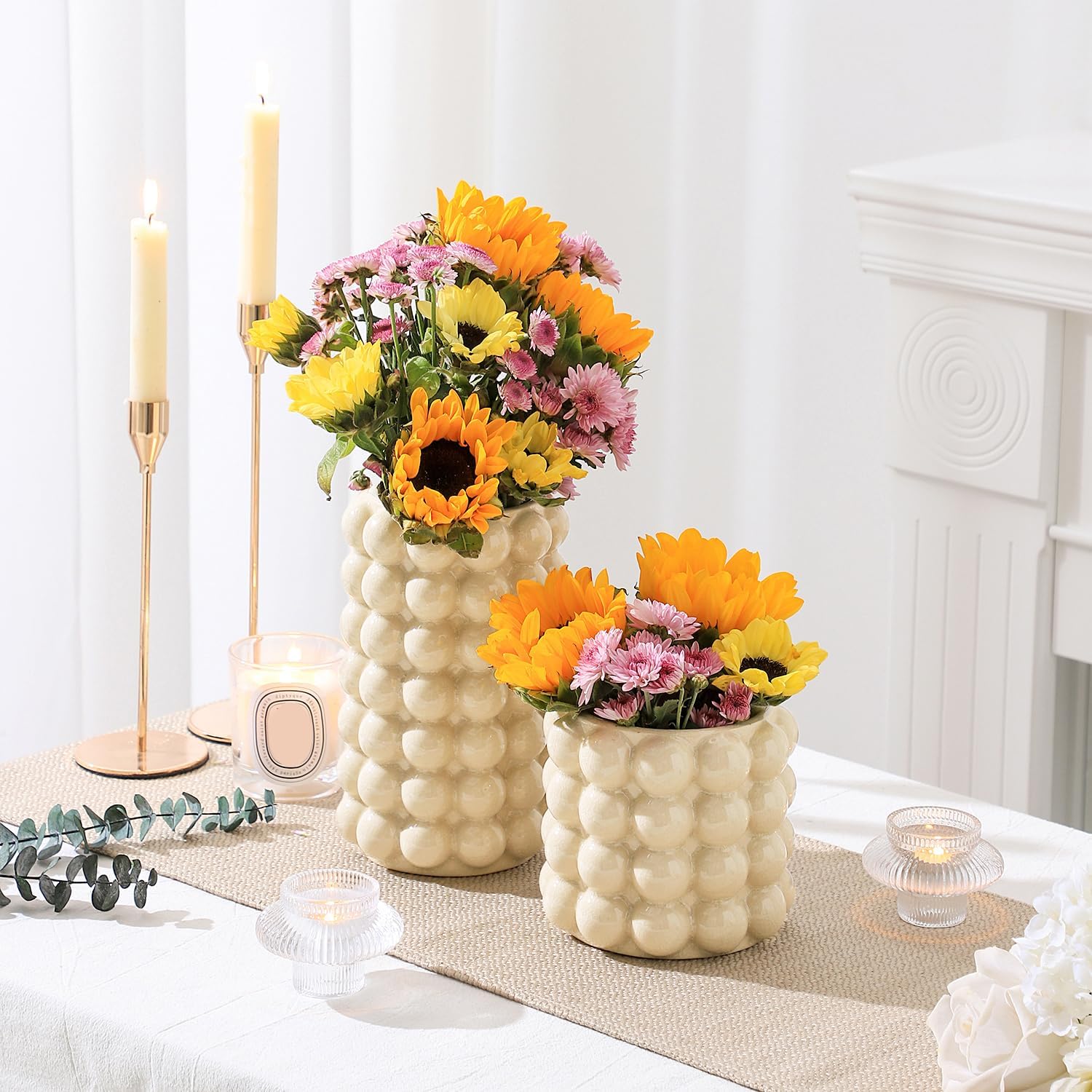 Bubble Vases, Set of 2 Ceramic Vase for Flowers, Boho Ceramic Flower Vases for Decor, Tall Bubble Vase for Living Room, Dining Table, Wedding, Mantel, Coffee Table(Beige)