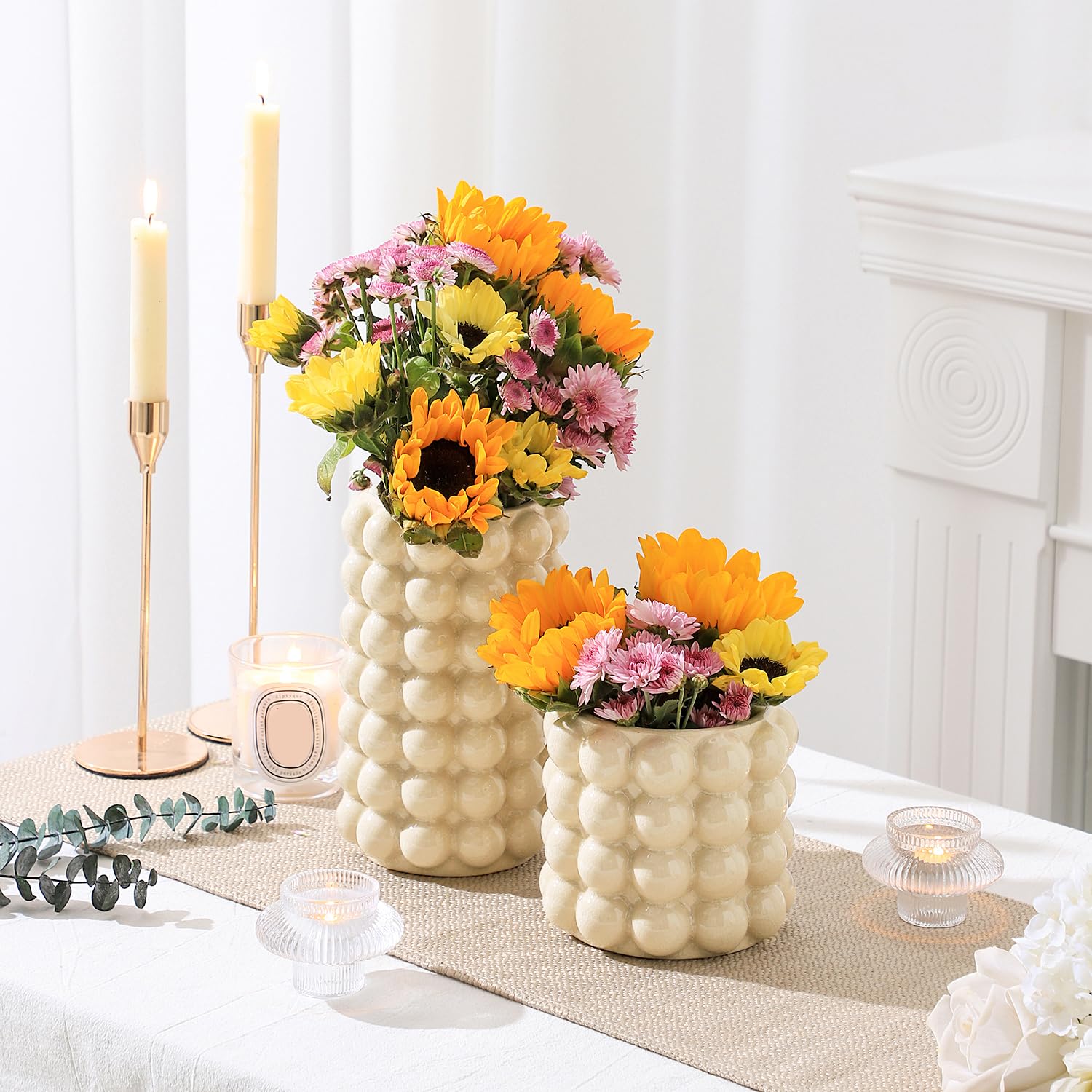 Seifenblasenvasen, 2er Set Keramik Blumenvasen, Boho Stil, Hohe Weiße Blasenvasen für Blumen, Dekor, Wohnzimmer, Esstisch, Hochzeit, Kaminsims