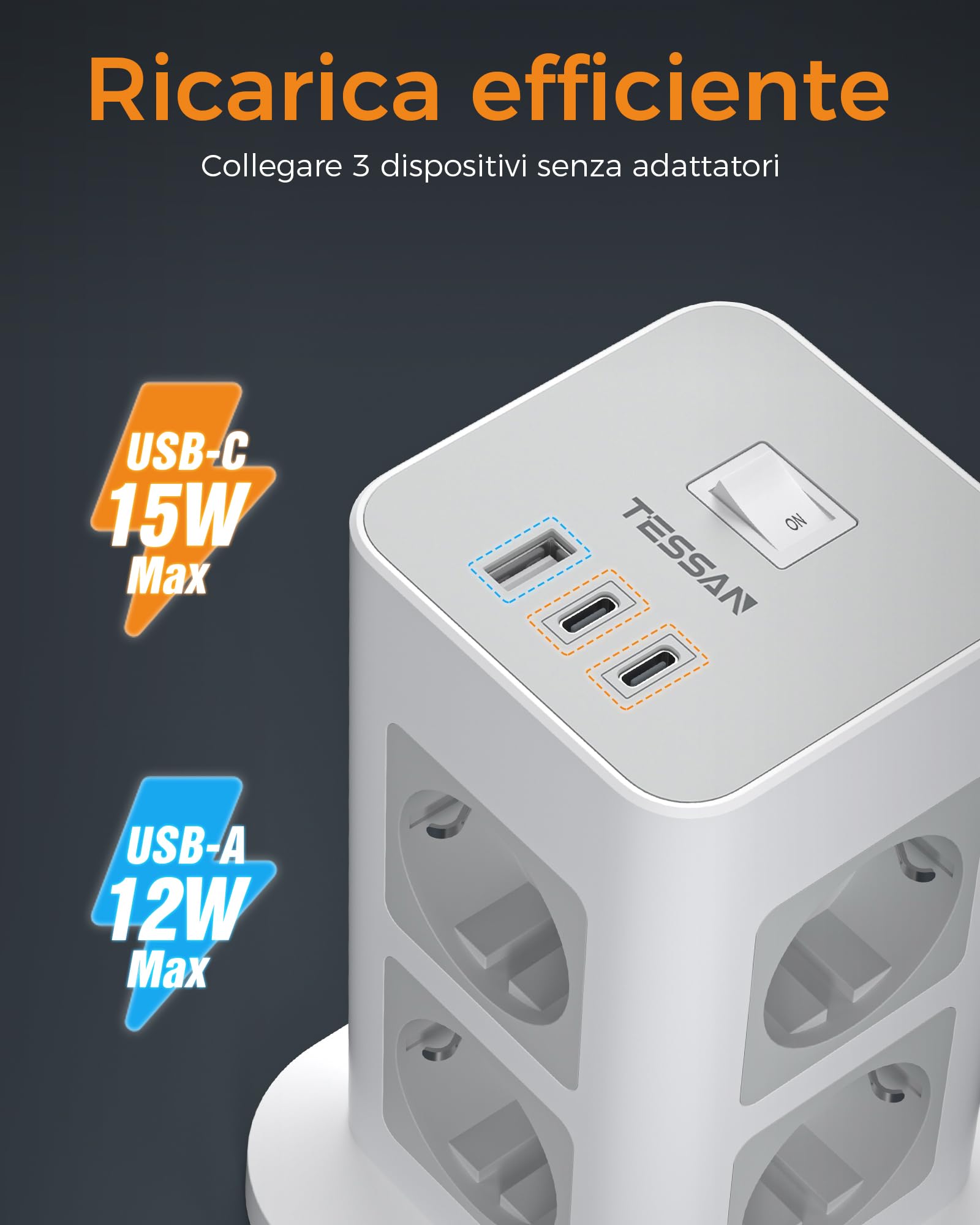 TESSAN Ciabatta Multipresa con USB C e 8 Prese, Presa Multipla Protezione Sovratensione 1700J, Torretta Multipresa 3600W con Interruttore, Ciabatta Elettrica 2 Metri