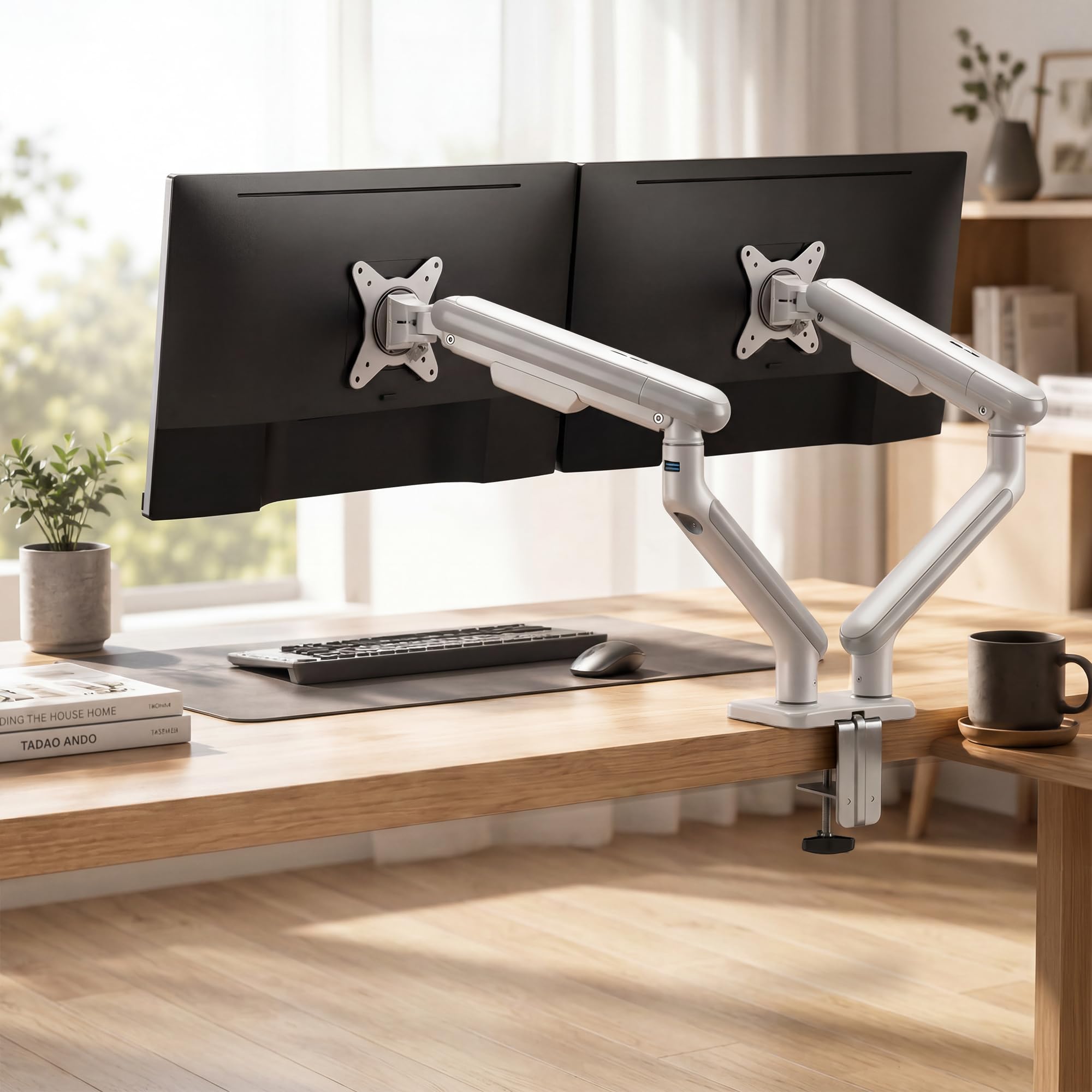 Green Soul Dual Monitor Gas Spring Stand|Fits 13-32" Screen|9Kg Weight Capacity|Height Adjustable Desk Mount, VESA Plate, Grommet & C-Clamp Base|Tilt, Swivel & Rotation|with USB A 3.0 & C Ports|White-image-6