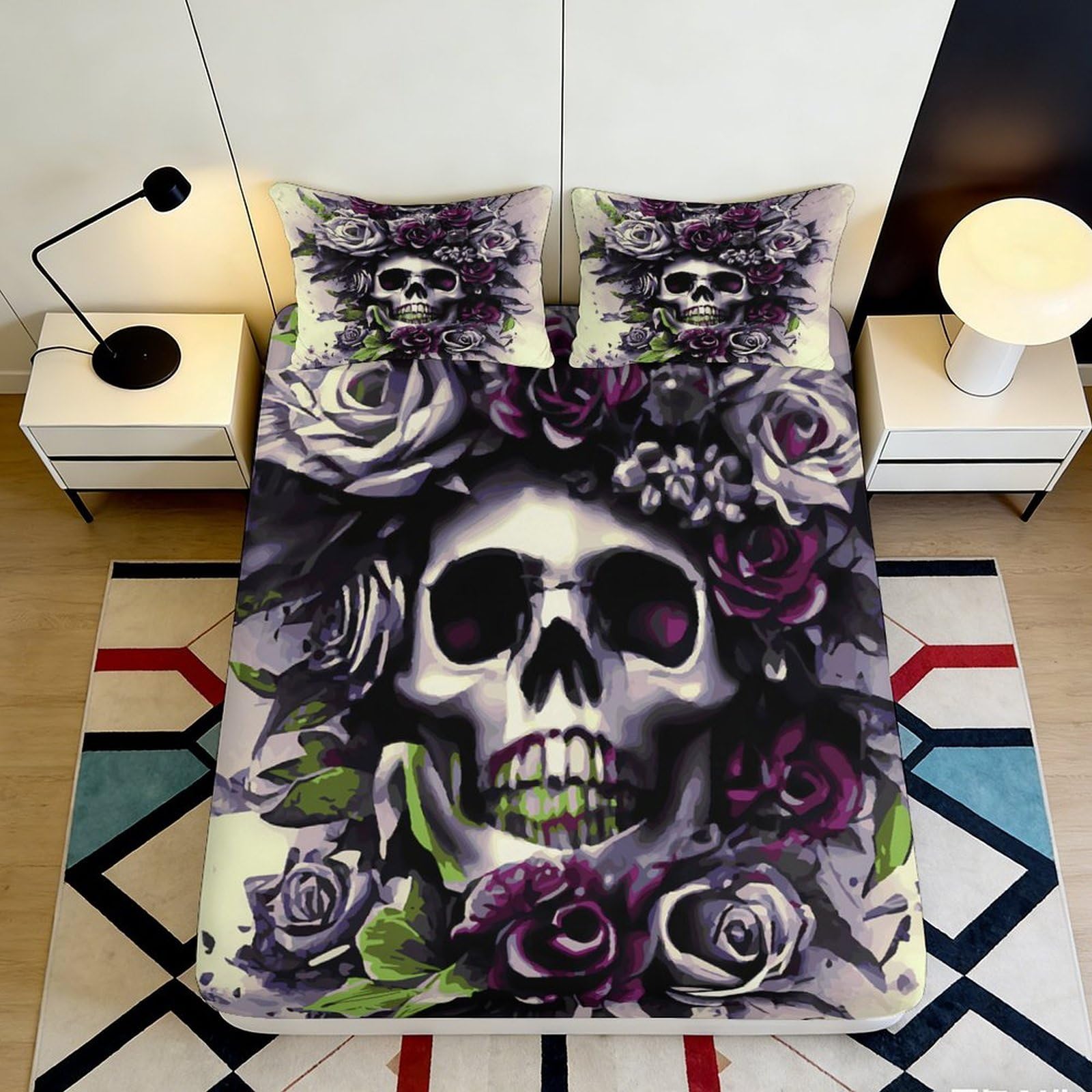 Jxqhbvmg Style-3 3D Printed Skull Floral Fitted Sheet Microfiber Deep Pocket Bedroom Bedding Skull Floral Mattress Fitted Cover Non-Slip Washable 90X200x25cm