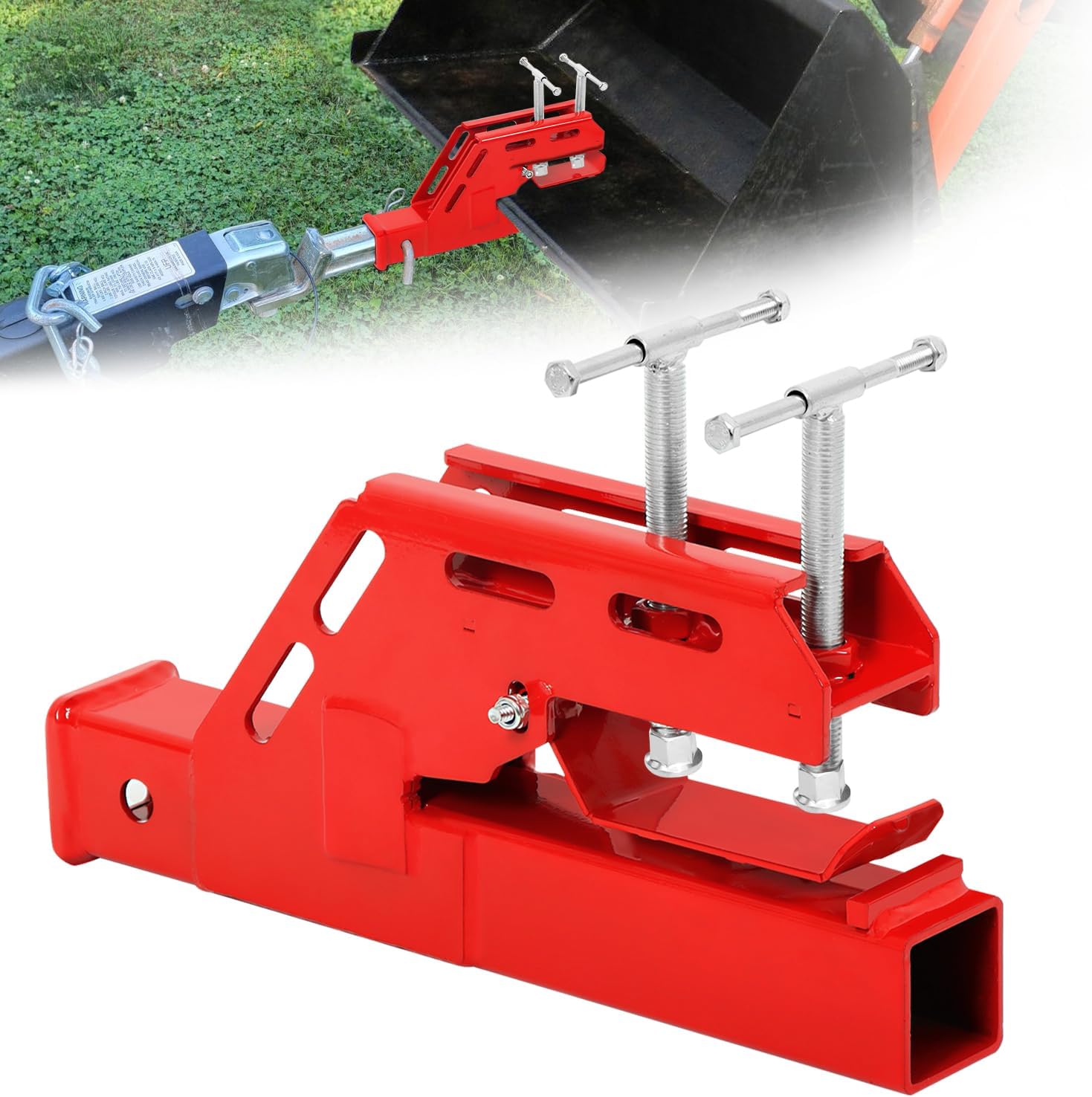 2024 New Upgraded Clamp on Trailer Hitch for Tractor, Clamp-on Tractor Bucket Hitch 2" Ball Mount Receiver Adapter for Kubota Tractor Bucket, Bucket Trailer Hitch Attachment, Red