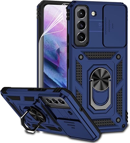 Funda para Samsung Galaxy S22 Plus con cubierta para lente de cámara, protector de pantalla HD, soporte de anillo magnético probado contra caídas de