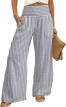 Dokotoo Women's Summer Striped Pants Smocked Waist High Waisted