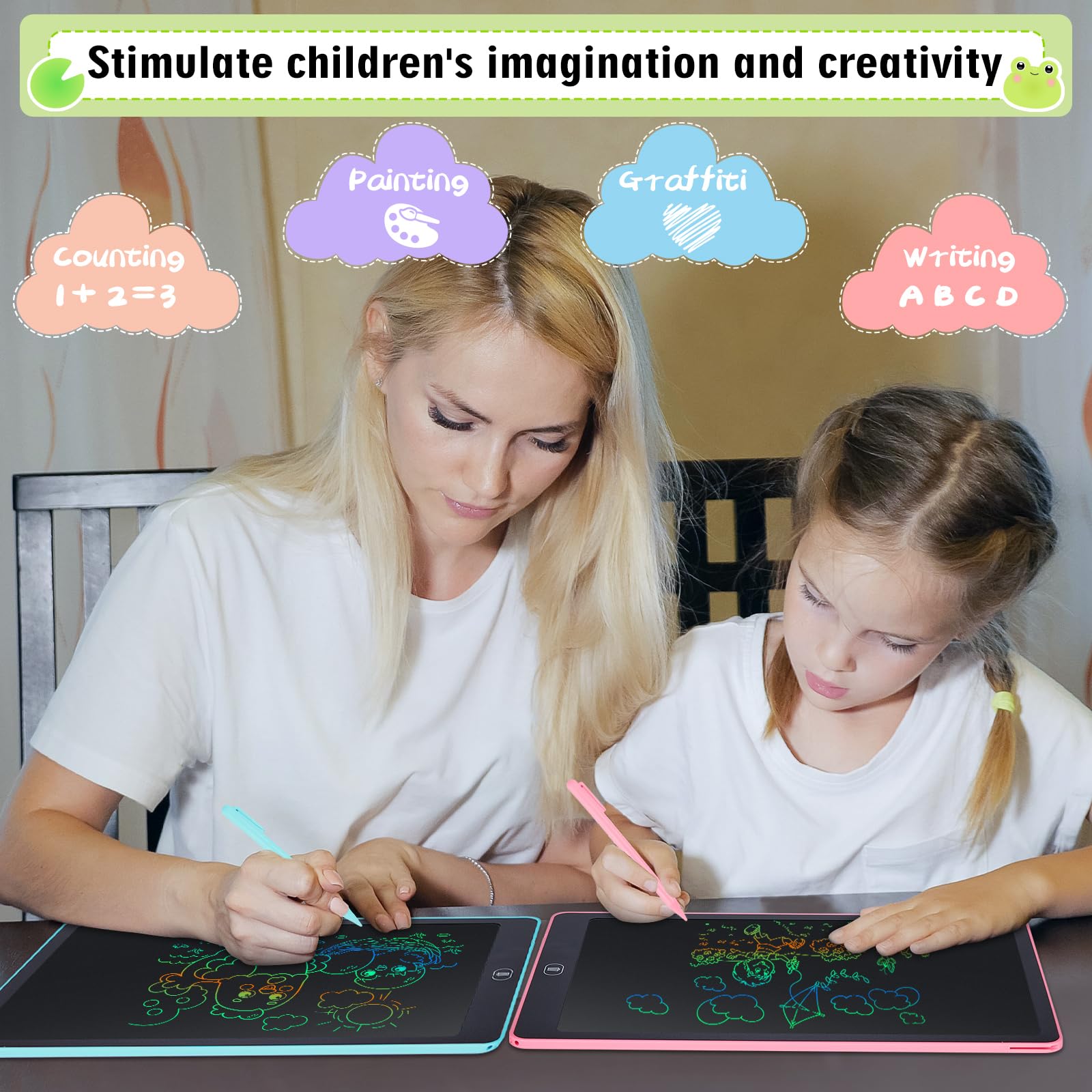 Tablette D'écriture LCD 16 Pouces Dessin Ecran Coloré Effaçable Autocollants Animaux Garçons Filles 3-6 Ans Bleu Rose
