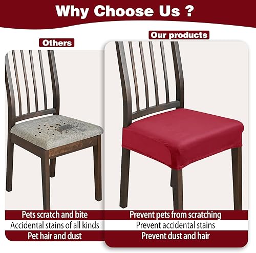 Miniatura 4 de Juego de 6 fundas de asiento para sillas de comedor, de terciopelo elástico, extraíbles y lavables, para sillas de comedor (juego de 6, rojo)