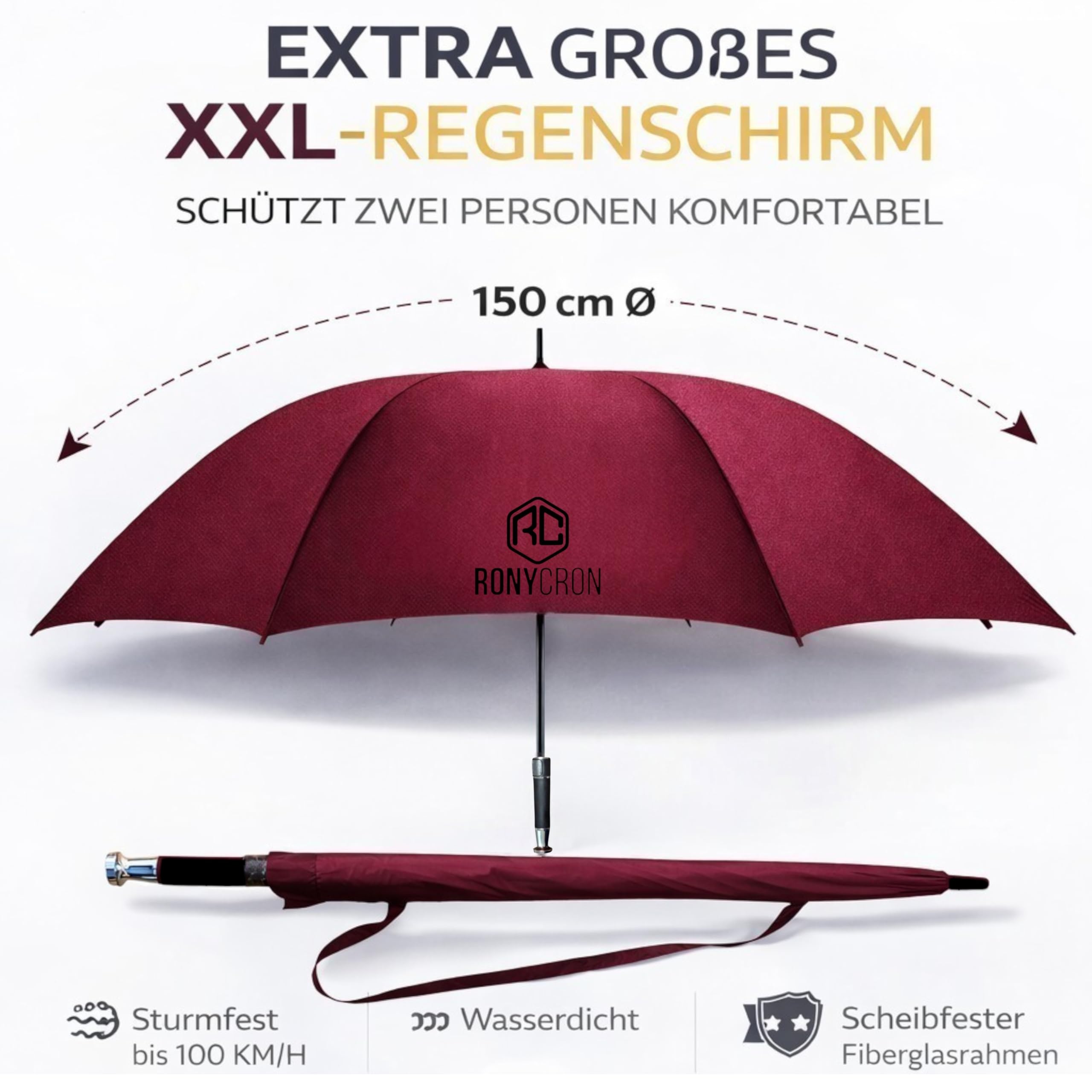 Extra Großer XXL Regenschirm für 2 Personen, Sturmfester Großer Golf Regenschirm 150 cm, Windfester Stockschirm für Damen und Herren