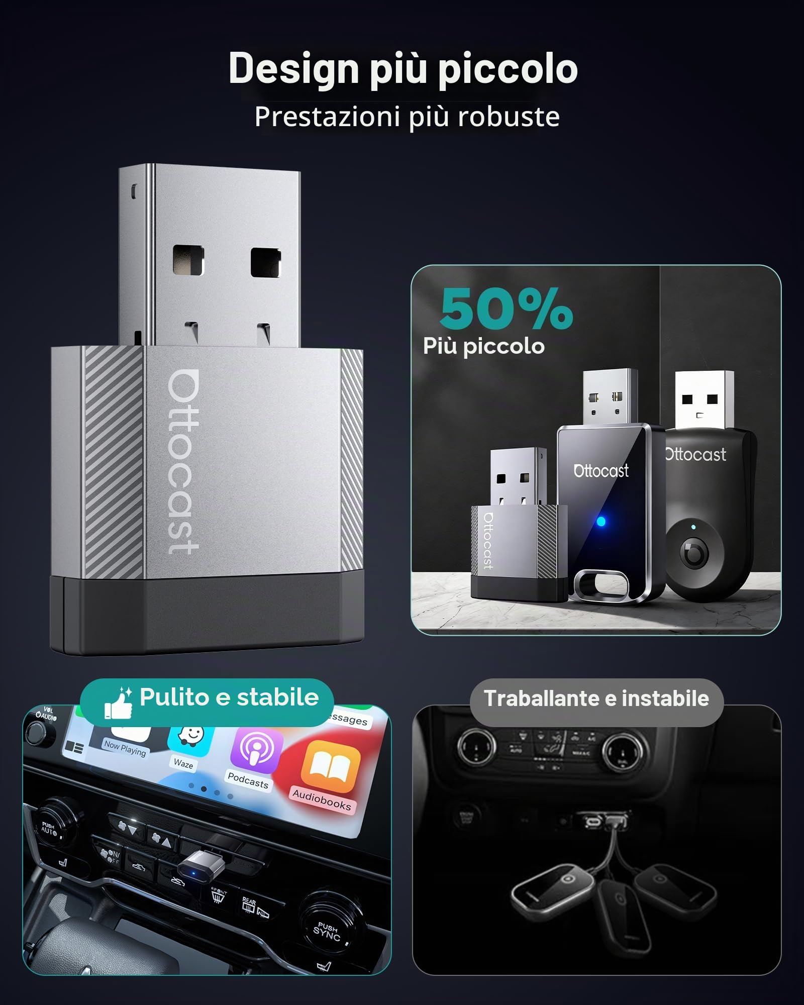 2026 Aggiornato Ottocast Mini Nova, Adattatore CarPlay e Android Auto Wireless, USB Plug & Play, Connessione Automatica, Design Compatto in Alluminio, Connessione Stabile Dual Band