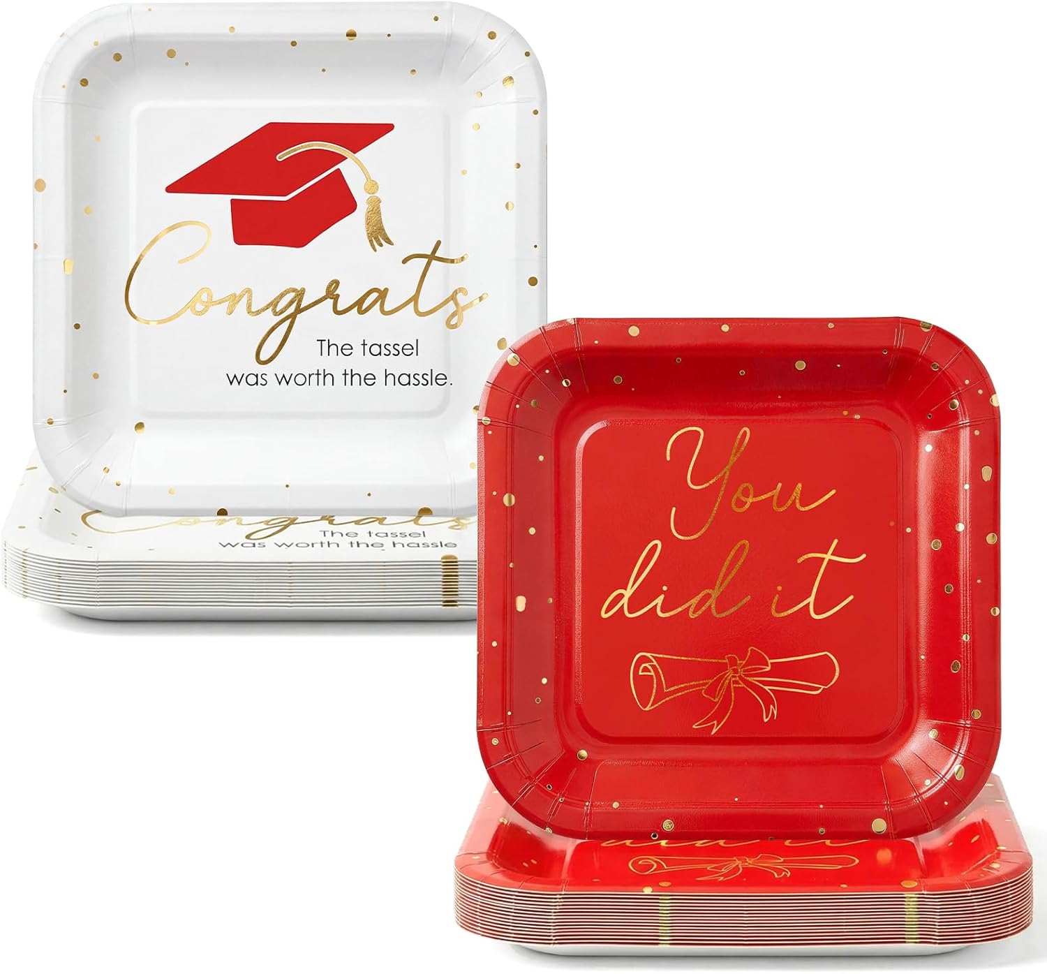 OuMuaMua 100pcs 2026 Graduation Party Decoration Plates Set, 7" Square Disposable Graduation Paper Plates, Class of 2026 Dessert Dinnerware Set for Congrats Grad Holiday Party Favors Decor, Red White