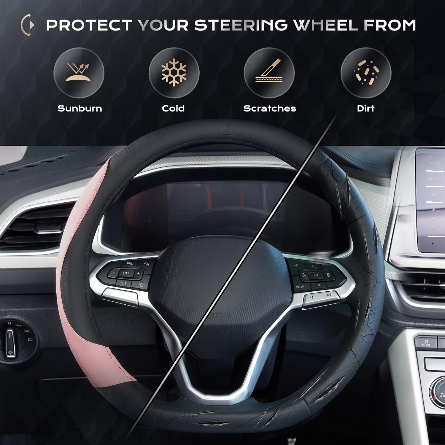 Coverado Car Steering Wheel Cover, Nappa Leather Black & Pink Steering Wheel Covers for Women, Universal 14-15 inch, Anti-Slip, Breathable Steering Wheel Protector