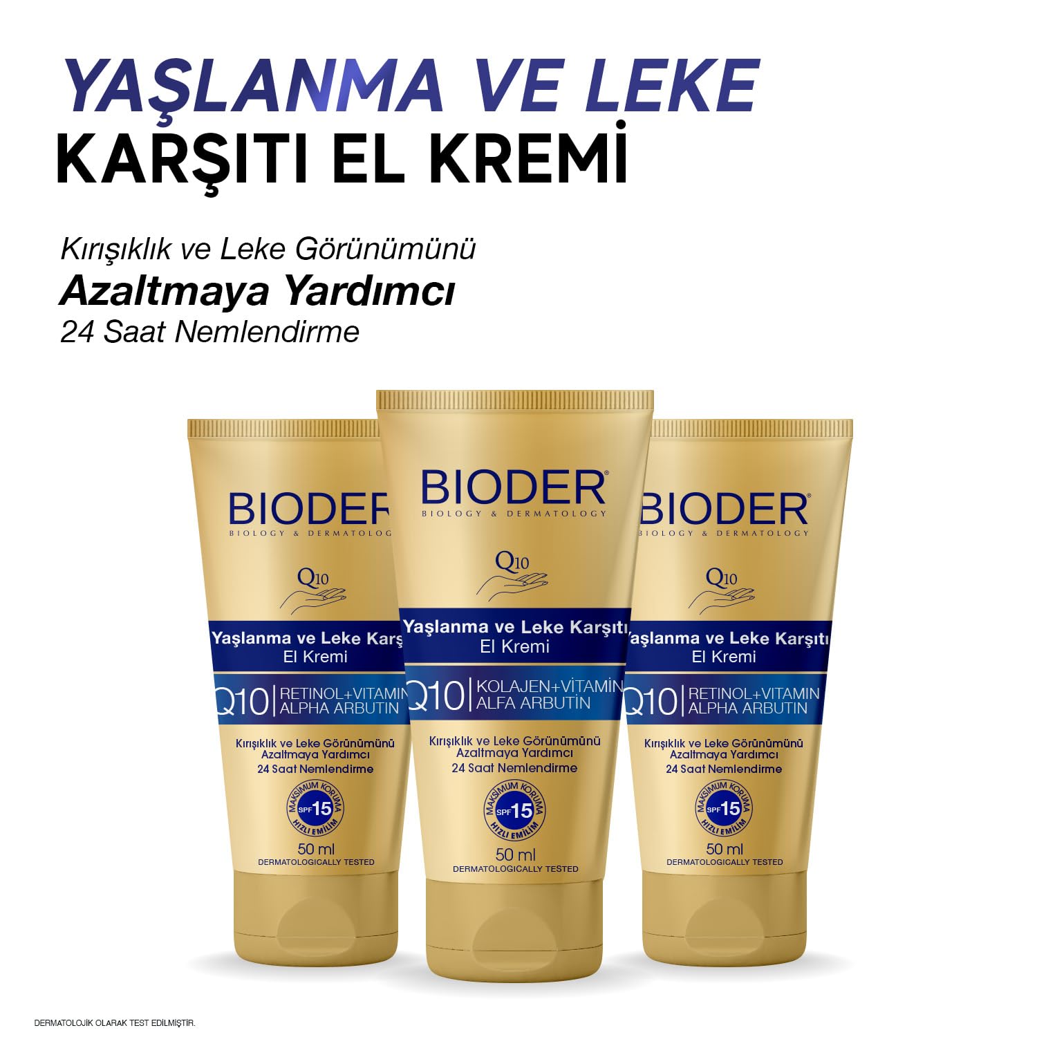 Bioder Yaşlanma Karşıtı El Bakım Kremi 50 ml – SPF 15 Koruma, Alfa Arbutin, Koenzim Q10, Kolajen ve C Vitamini İçerikli Nemlendirici (2 paketi)