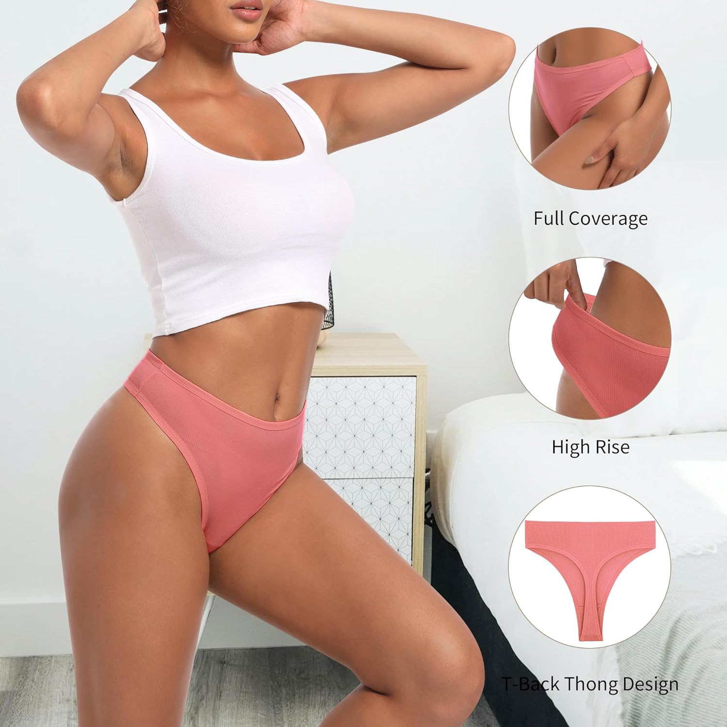 High Waisted Thongs For Women Cotton Tanga Panties Seamless No Show Underwear Women Pack 5 - Image 3