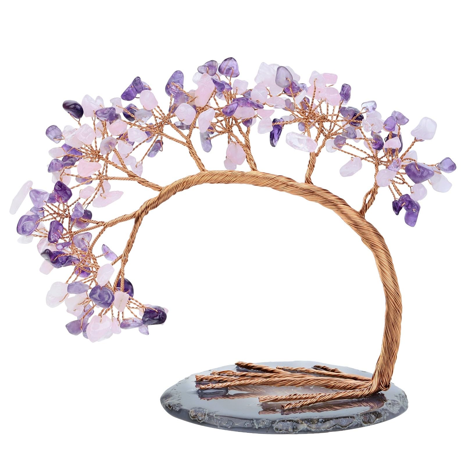 KYEYGWO Amethyst & Rose Quartz Crystal Money Tree FengShui Bonsai Figurines with Agate Slices Base
