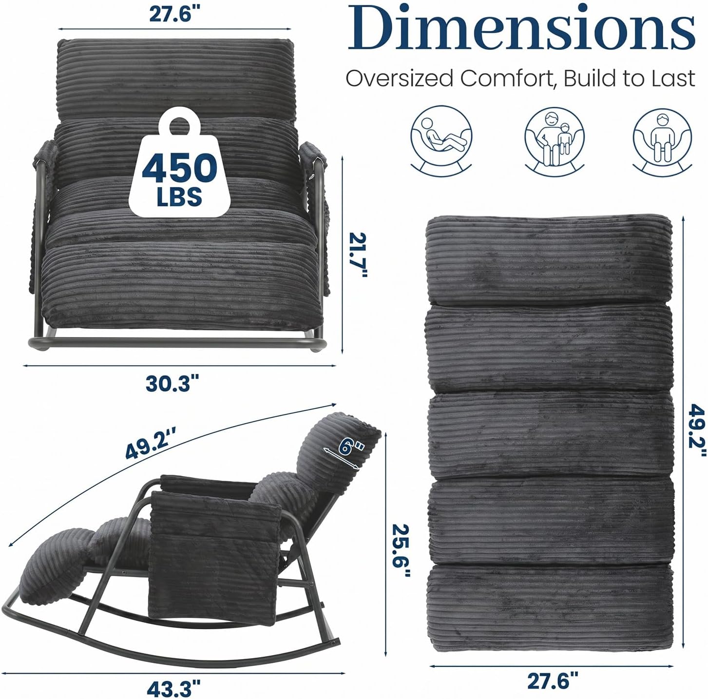 Oversized Outdoor Rocking Chair with Corduroy Cushions, 3-Level Adjustable Metal Patio Rocker with Footrest, Comfy Modern Lounge Chair for Porch, Balcony, Indoor (Gray)