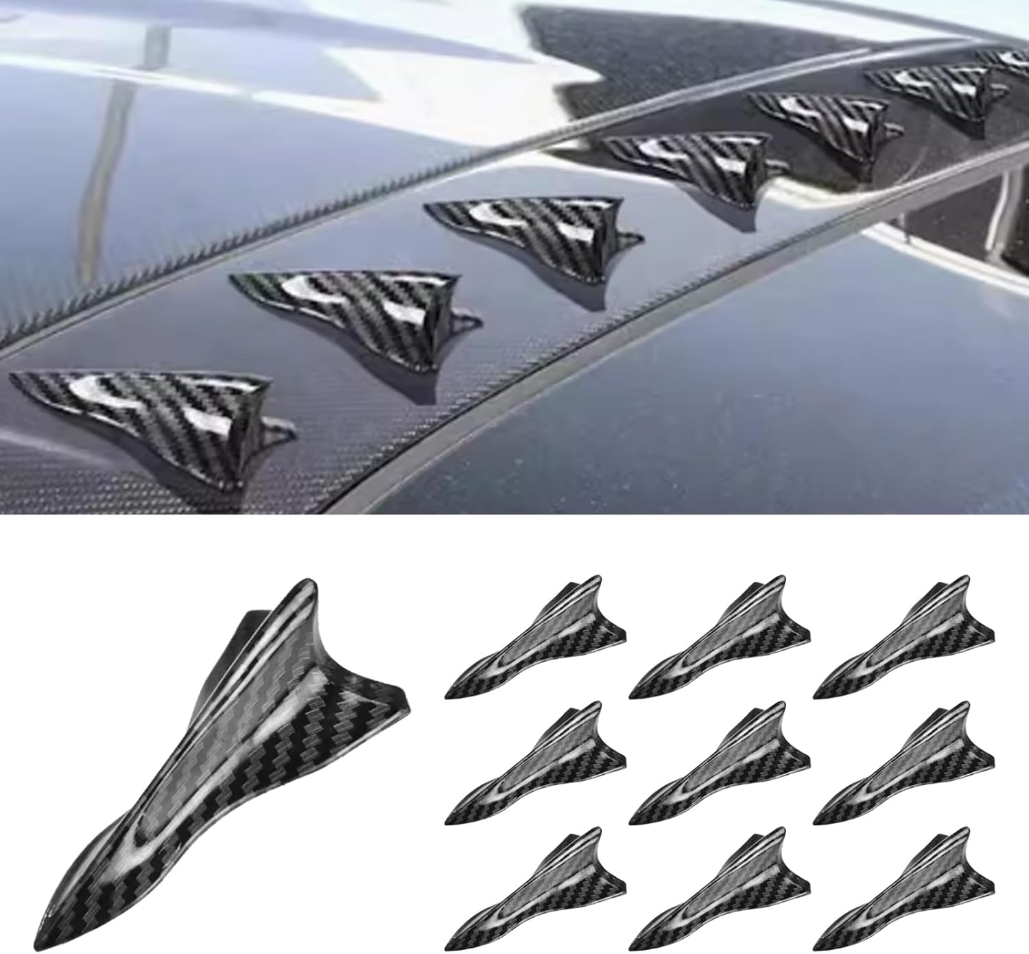 10PCS Shark Fin Car Roof Spoilers - Self-Adhesive ABS Vortex Generators, Waterproof Universal Fit for Cars & SUVs (Carbon Fiber Look)