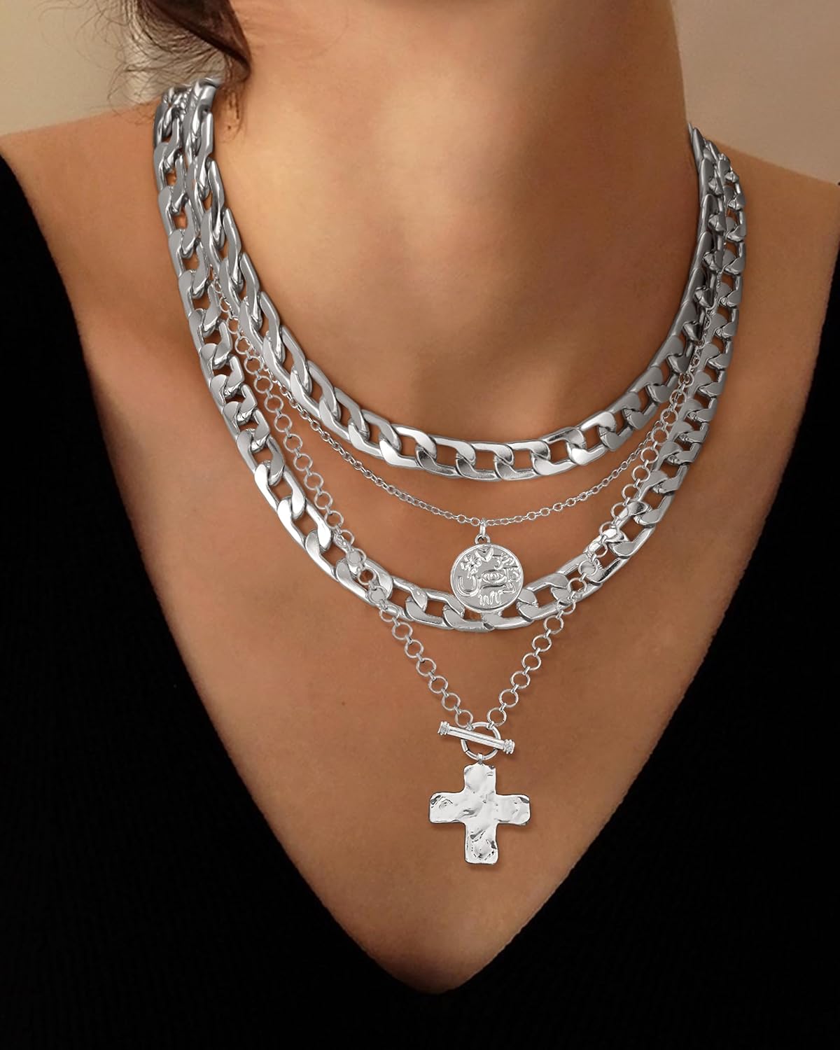 MJartoria Layered Necklaces for Women Trendy Retro Coin and Cross Pendant Necklace Dainty Chunky Chain Necklaces for Jewelry Birthday Gifts - Image 7