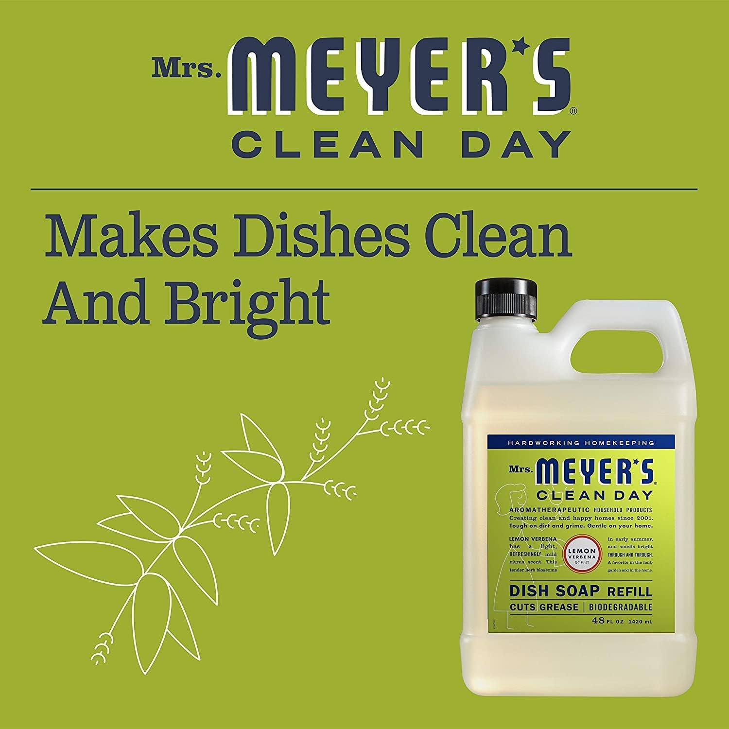 Mrs. MEYER'S CLEAN DAY Liquid Dish Soap Refill, Lemon Verbena, 48 Fl Oz. (Pack of 3)