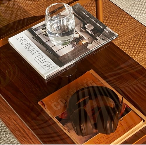 Miniatura 24 de Saint Mossi Tadio - Mesa de centro de vidrio de doble capa para sala de estar, estante inferior de MDF marrón y café Vidrio marrón y marrón