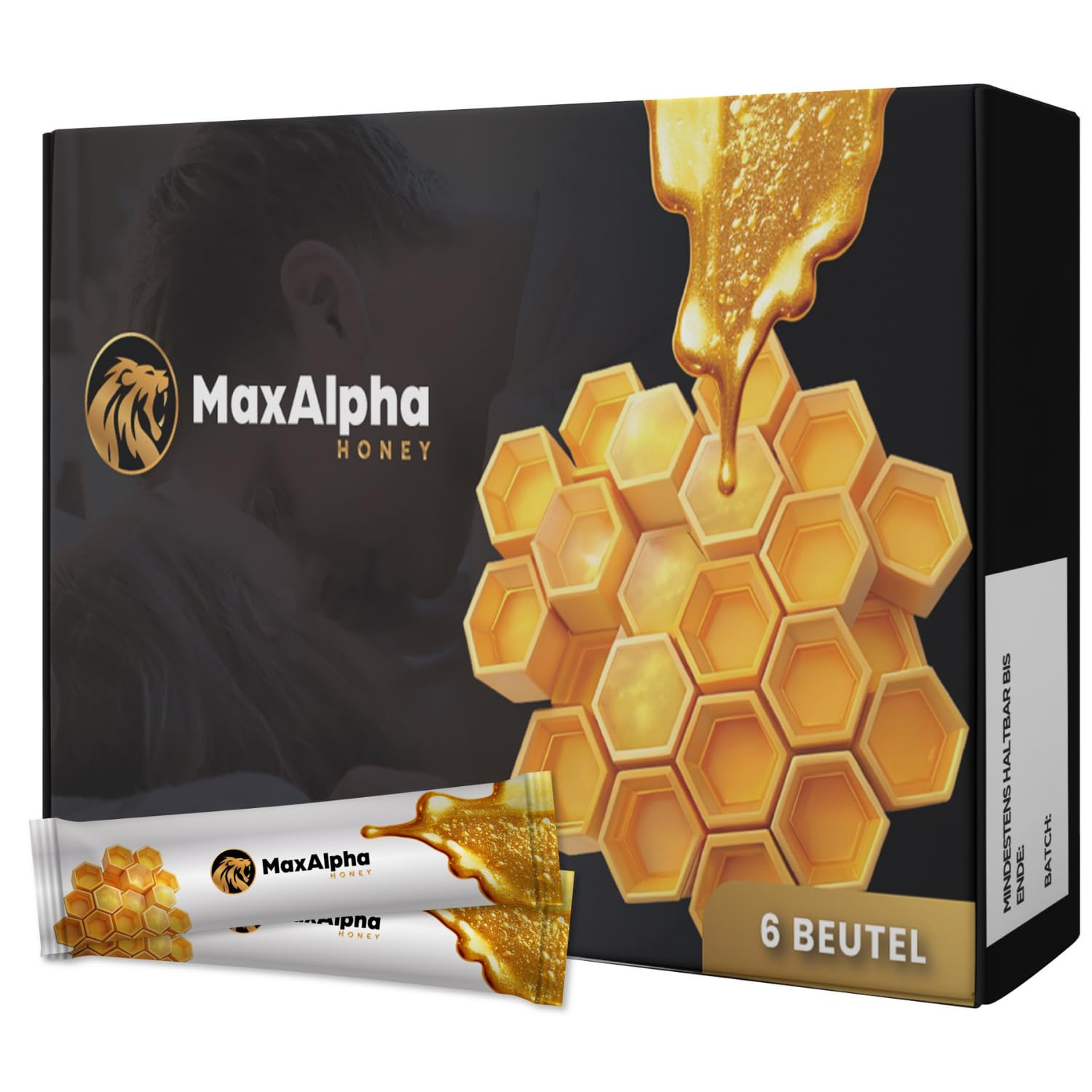 MaxAlpha Honey mit Ginseng-Extrakt & Vitamin B1 and B2 – 100% reiner Kräuterhonig | 6 Beutel à 15g | Natürliche Formel | Extra stark & sofortige Energie – Für aktive Männer & besondere private Momente