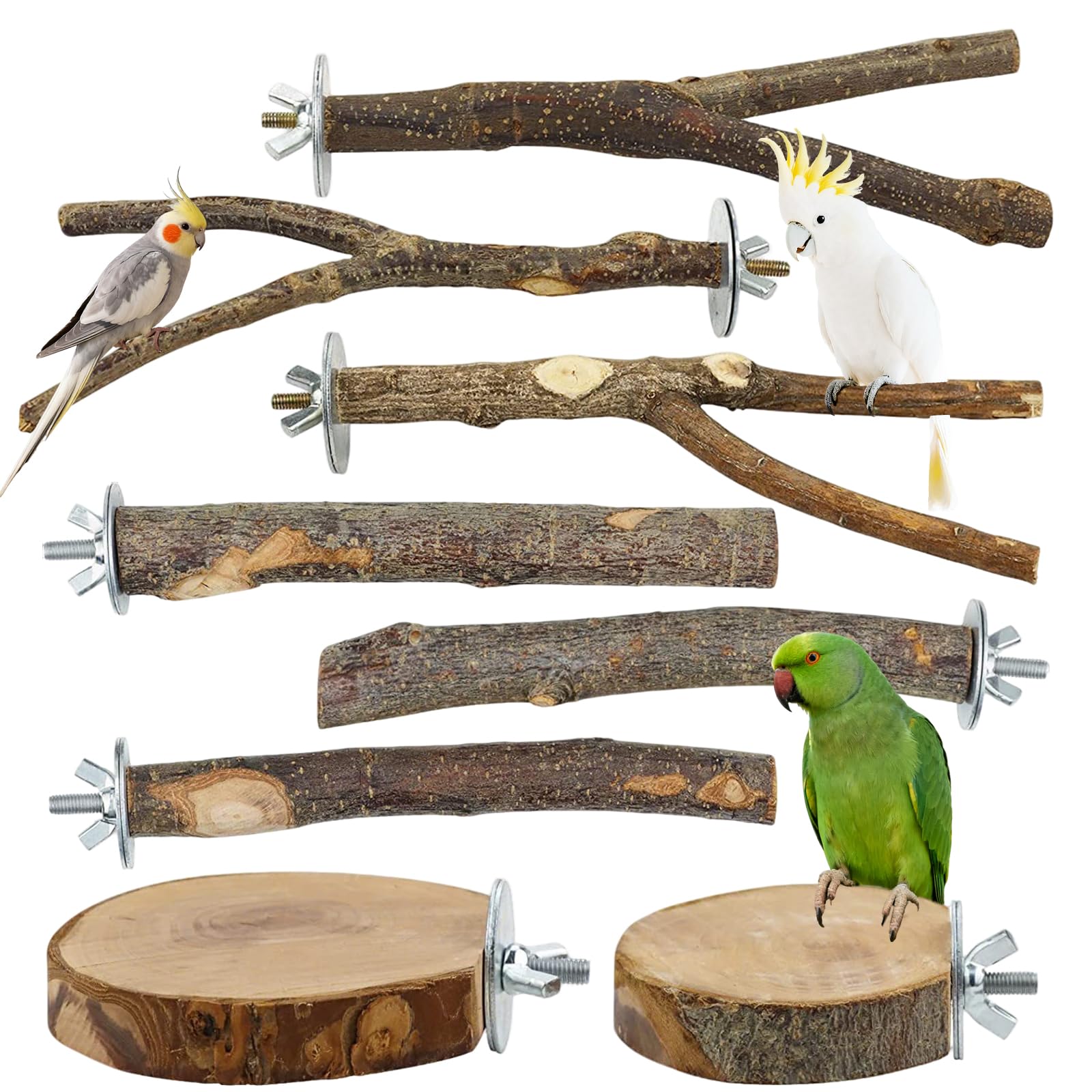 Tbintul 8 Stück Natur Sitzstangen Set für Vögel, Vogelstange aus Holz, Sitzstange mit Mehreren Ästen, Vogel Spielzeug Sitzstangen für Wellensittich Nymphensittich Kanarienvogel
