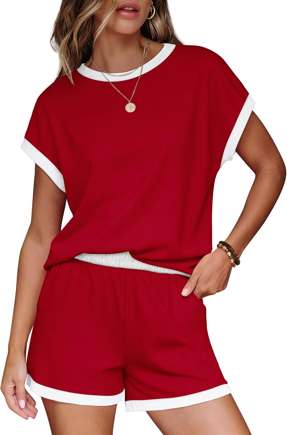 WIHOLL Two Piece Sets for Women Summer Lounge Short Sets Cap Sleeve Crew Neck Sweatsuit with Pocket XS-2XL - Image 2