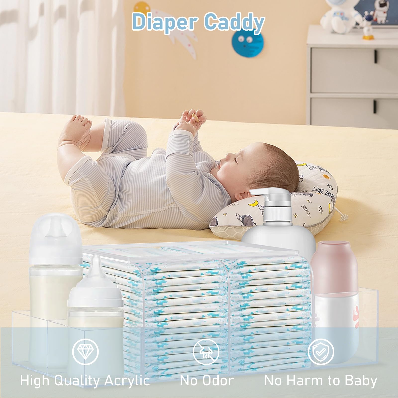 Organiseur de couches en acrylique, station à langer durable, organiseur de couches, rangement de couches pour chambre de bébé, distributeur de lingettes, chauffe-lingettes et autres essentiels