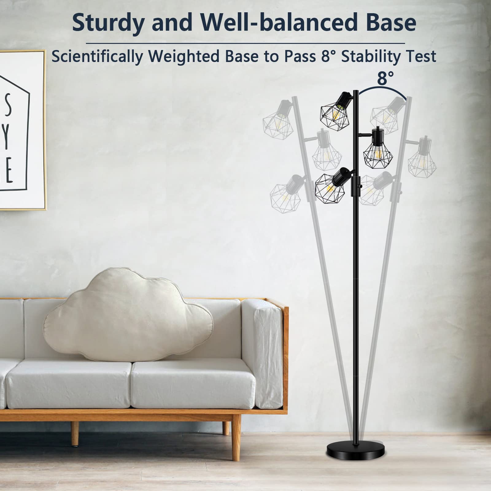 HiBay LED Stehlampe Dimmbar,Industrial Rustikale Stehleuchte 3 Flammig Schwarz Standlampe mit 3x8W 800LM E27 Lampe Leselampe für Wohnzimmer, Schlafzimmer, Büro