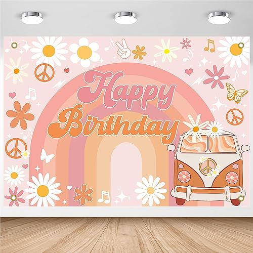 Miniatura 8 de Avezano Groovy - Cartel de cumpleaños para decoración de fiesta de cumpleaños retro hippie para niñas, margarita, bohemio, arco iris, fondo de
