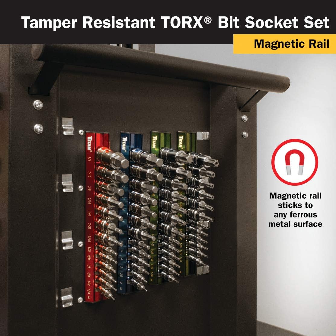 Titan 16121 12-Piece Tamper Resistant Torx Bit Socket Set, Magnetic Socket Organizer with Laser-Etched Size Markings