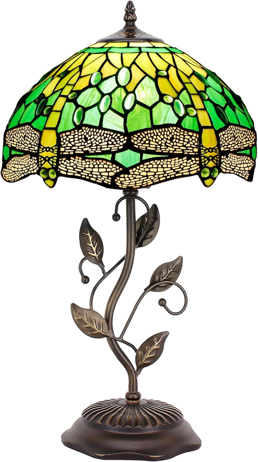 Tiffany Table Lamp Stained Glass Desk Lamp 12X12X19 Inches Reading Light Decor Bedroom Living Room (Yellow Green Dragonfly Style)