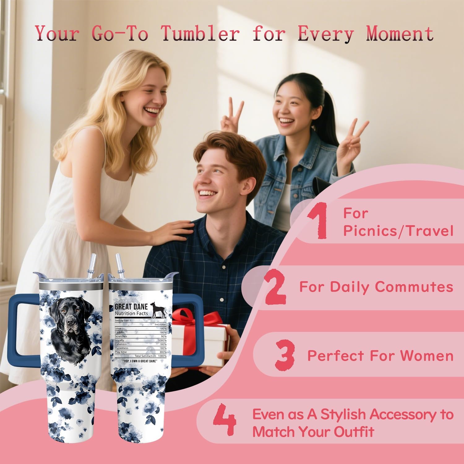 40oz Great Dane Tumbler with Handle and Straw, Cute Dog Stainless Steel Insulated Cup with Lid and Straw, Travel Coffee Mug Water Bottle, Birthday Mothers Day Gifts for Women Men Animal Lovers