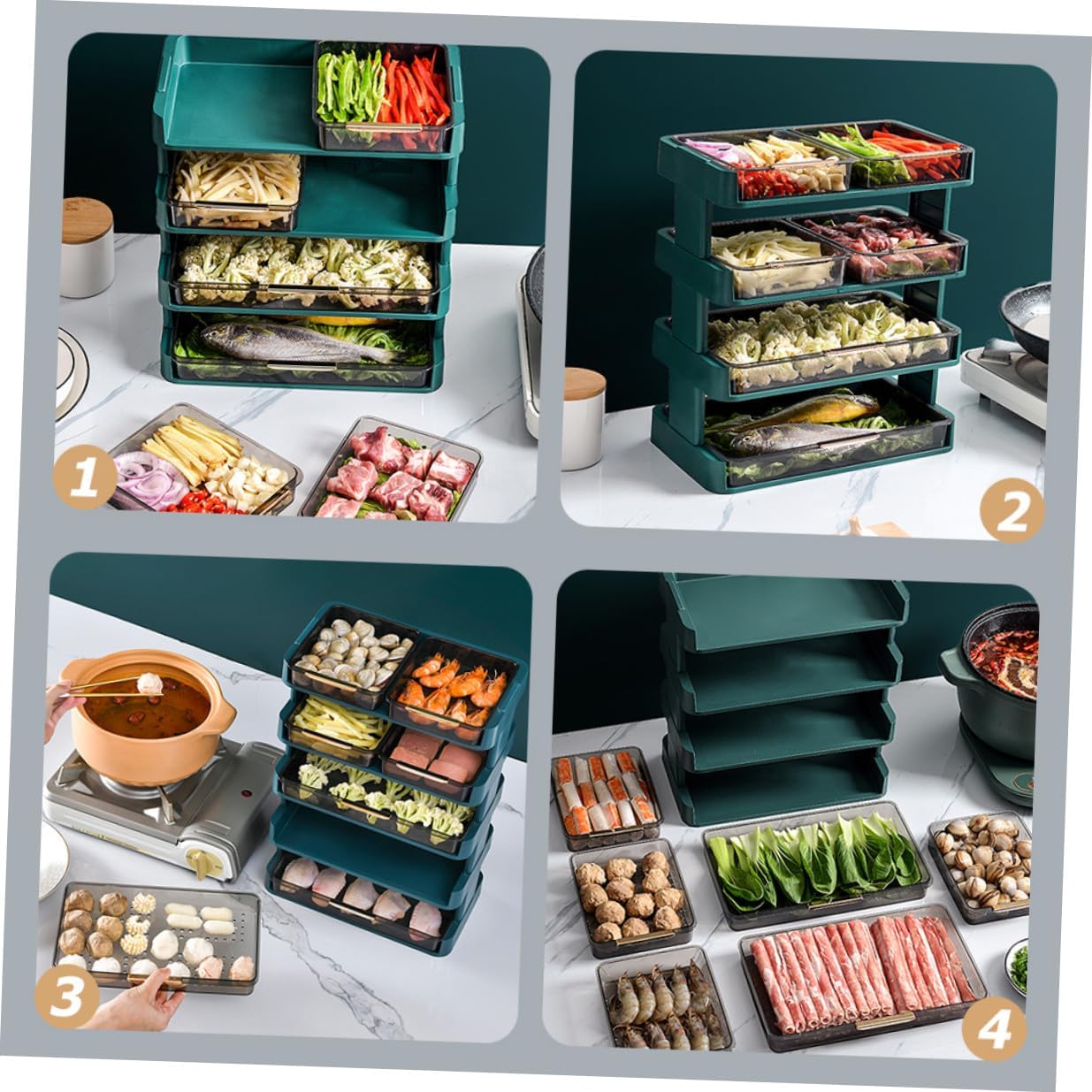 Three-Layer Detachable Vegetable Rack Kitchen Storage Shelf with Drainage Food Tray Holder for Hot Pot Side Plates, Green Stackable Organizer for Home Food Storage