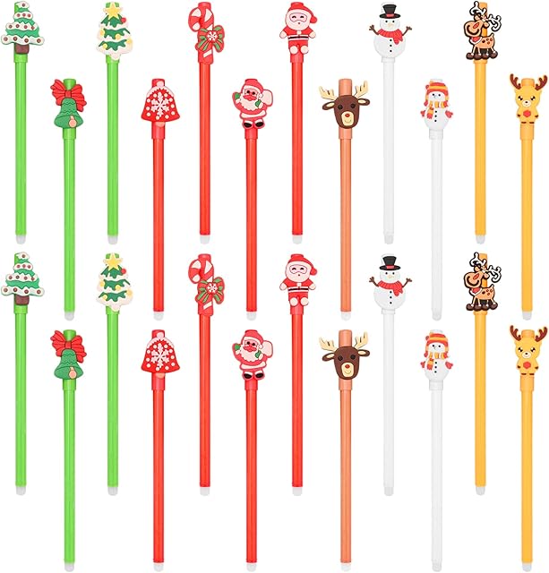 24 Pcs Christmas Gel Pen Stationary Sets Christmas Themed Pen Christmas Pencil Top with Snowman,Elk,Christmas Tree,Christmas Bell,Santa Claus Design for Christmas Party Gift,Kids Gift
