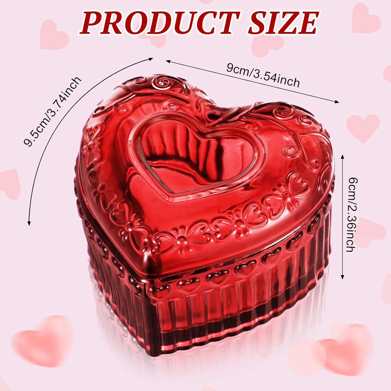 Ferreve 4 Pcs Crystal Glass Heart Shaped Storage Box Glass Jewelry Box Embossed Vintage Jewelry Box for Ring Earring Trinkets Women Gift, 3.74''L x 3.54''W x 2.36''H (Red)