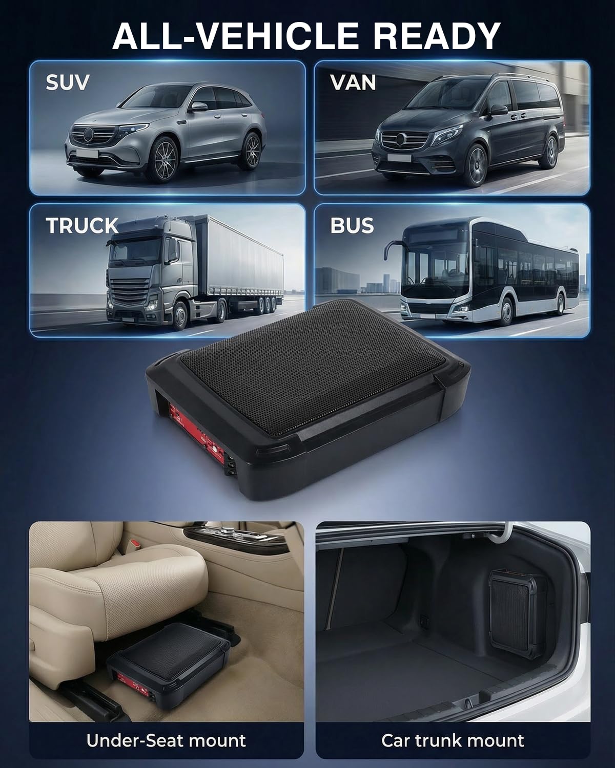 Ultraflacher Auto-Subwoofer, geeignet für Auto/Truck, mit integriertem Verstärker, unter den Sitzen montierbar, maximale Leistung 1000 W, kompakter Subwoofer