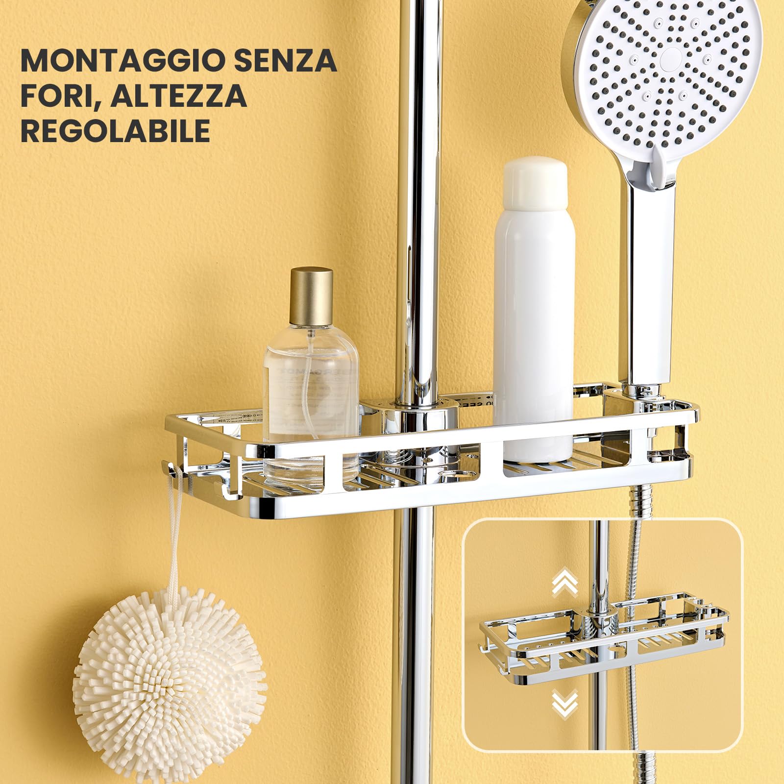 Auralum Colonna Doccia con Mensola Doccia e Soffione Doccia Rotonda 25cm, Colonna Doccia Senza Miscelatore Fori Muro Regolabili, Asta Doccia con Soffione e Doccetta Altezza Regolabile 72-110cm, Cromo