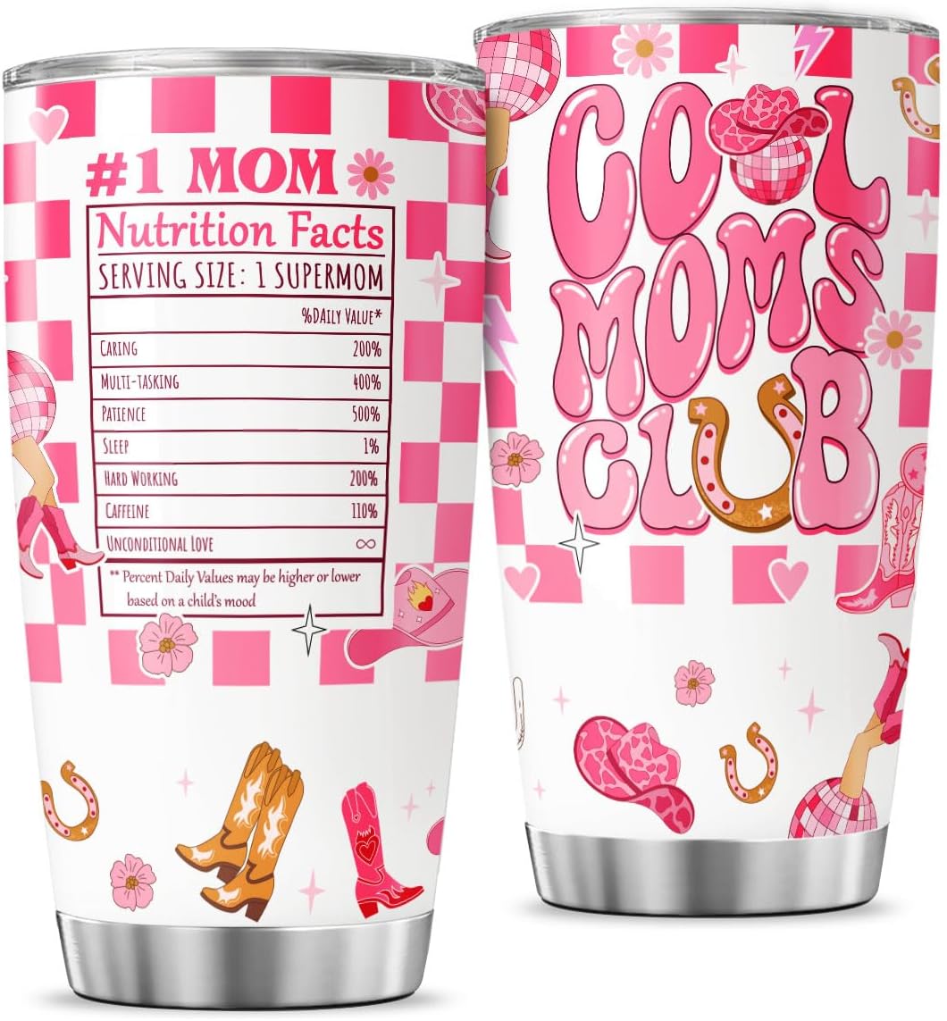 JENOIS Cool Moms Nutrition Facts, Tumbler 20 Oz With Lid And Straw, Mom Simply Checkered Simple Handle Stainless Women Water Funny Mama Day Steel Hot, Cool Moms Club Gifts