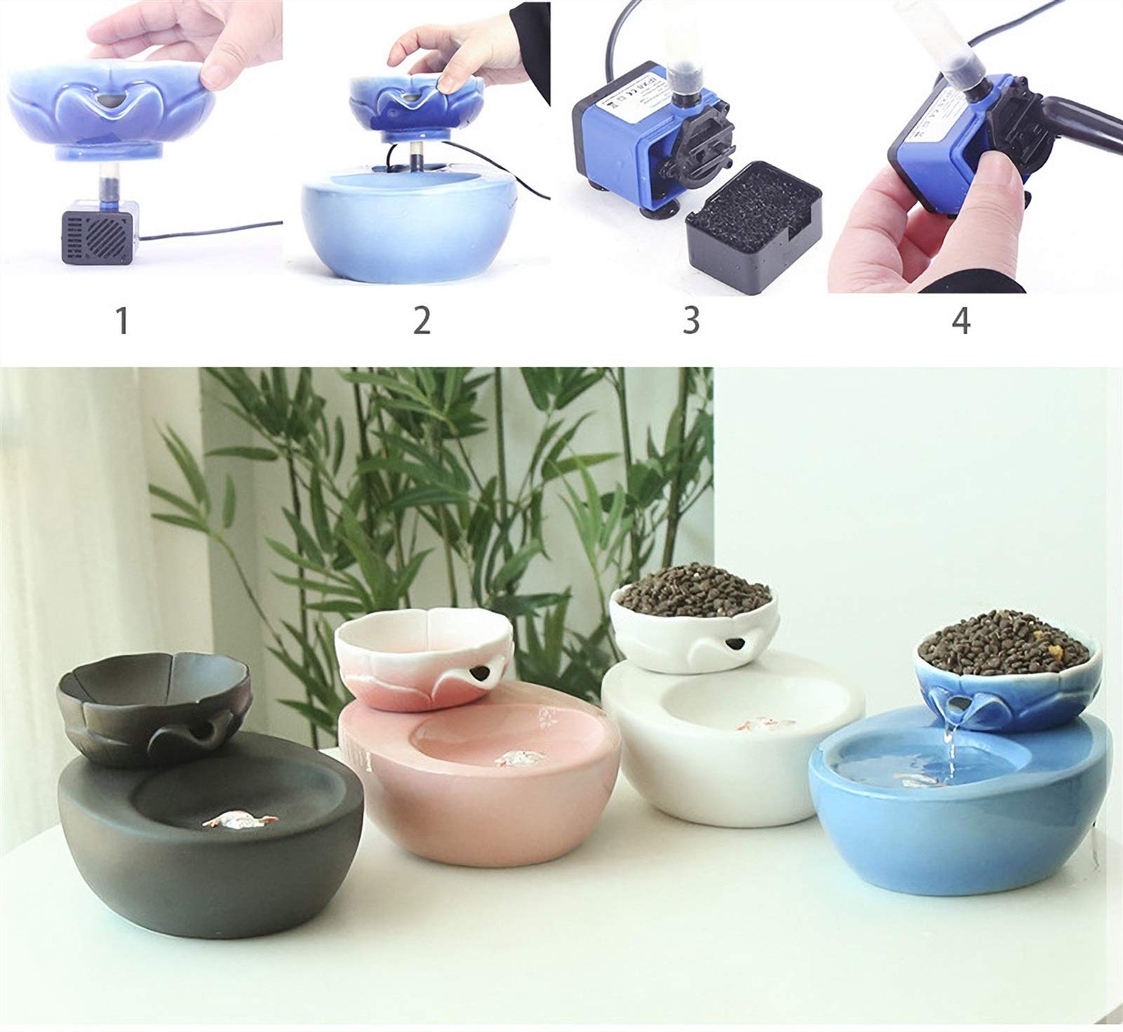 Fuente de Agua Automática para Gatos 2 en 1 para Beber y Comer, Bebederos para Gatos de Agua para Gatos de Cerámica con Filtros y Voltaje De Seguridad USB 5V, 1.5L (Color : Pink)
