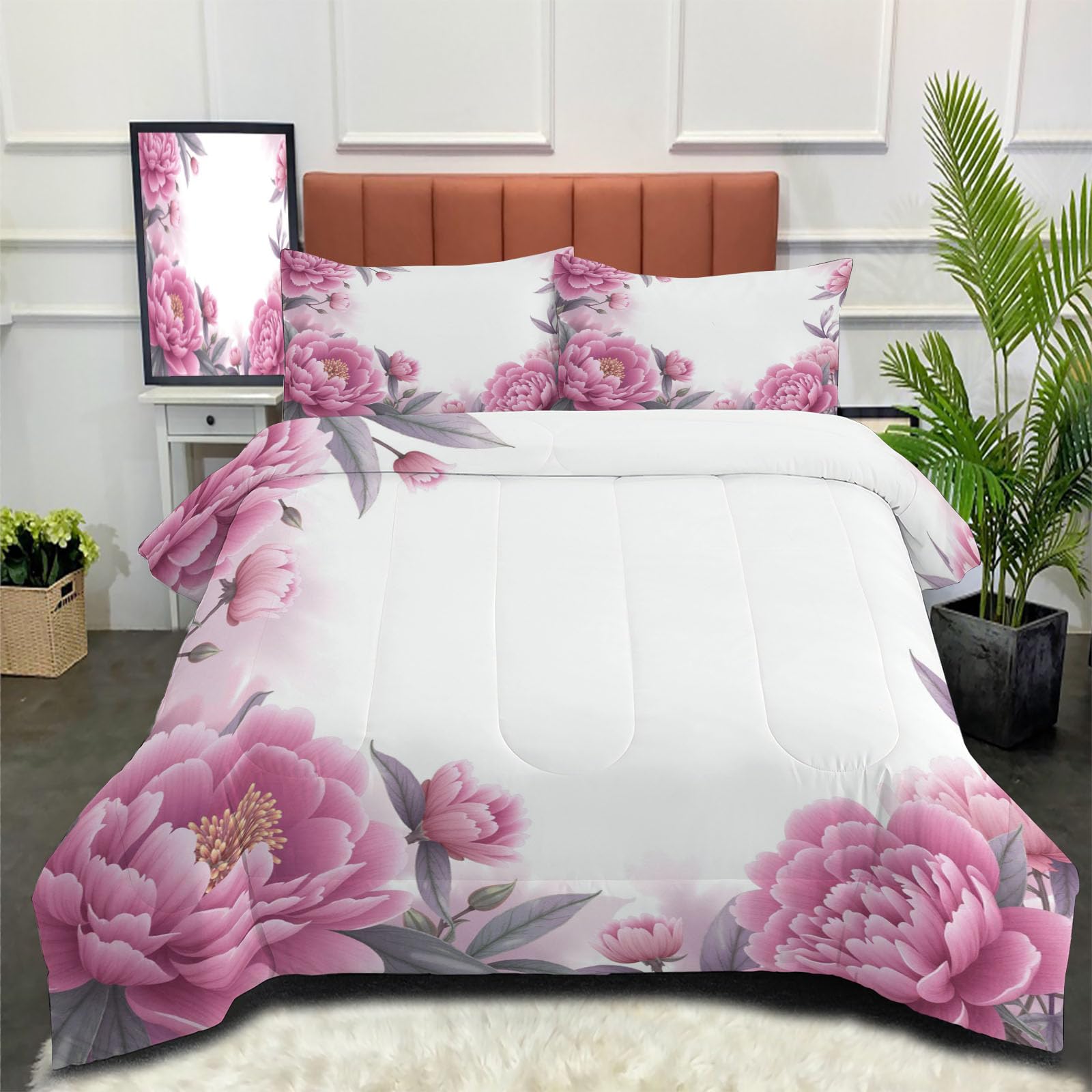 Couette Réversible Bordure De Pivoines pour lit 2 Personnes Couette sans Housse Fleurs À L'Aquarelle Ultra Douce Lavable en Machine avec Taies d'Oreiller pour Toutes Saisons, Violet, 260x230cm