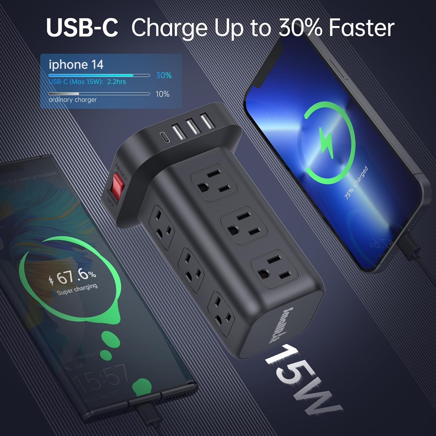 Extension Cord with Multiple Outlets, SMALLRT Power Strip Tower, Outlet Extender with 12 AC Outlets 4 USB, 6.5FT Extension Cord for Home Dorm Room, Office Supplies,Overload Protection — Amazon image 3