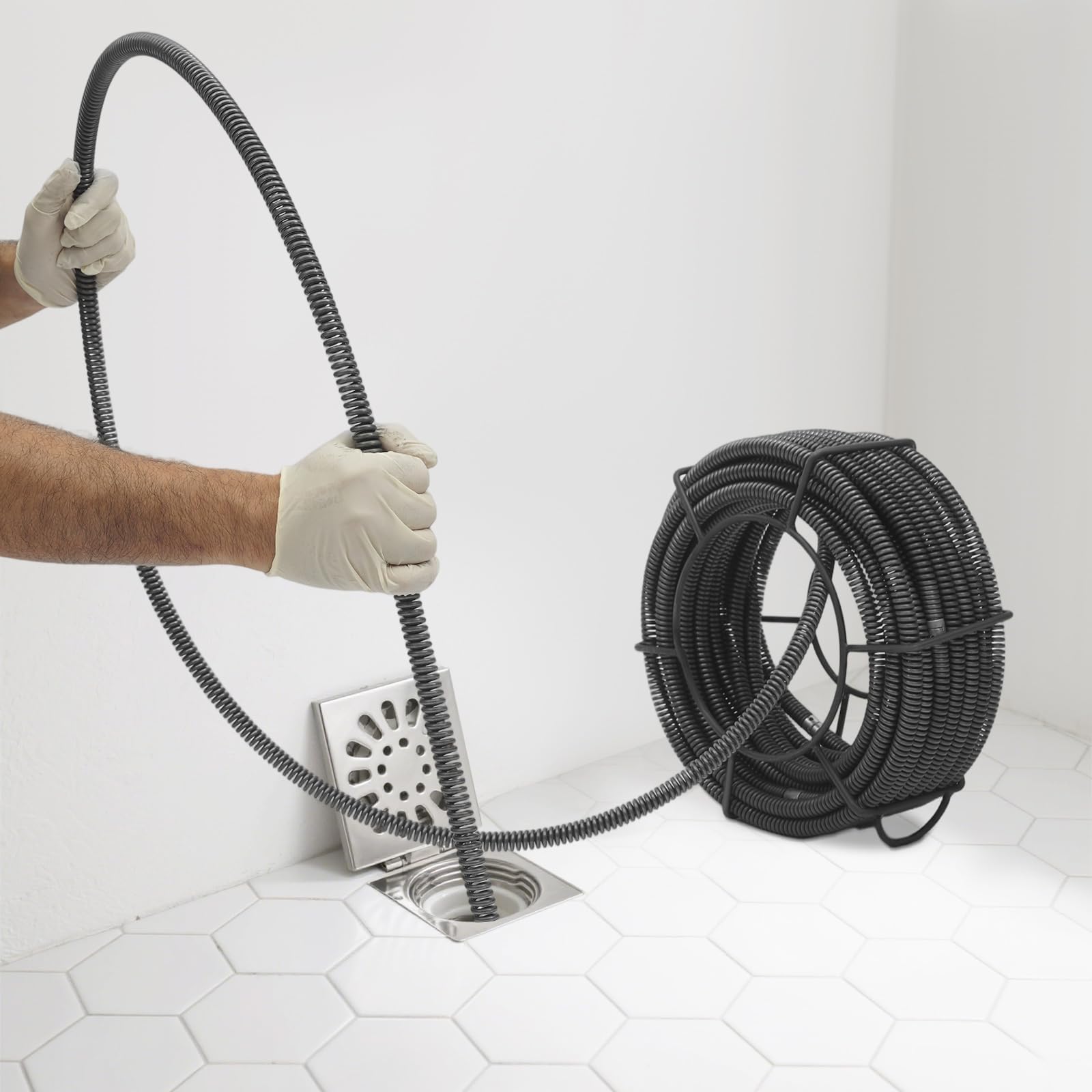 Espiral de limpieza de tuberías de 16 mm de diámetro, 20 m, espiral con estante de almacenamiento, desatascador de desagües en espiral para dispositivo de limpieza de tuberías